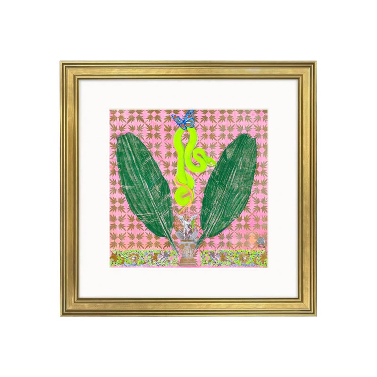Two banana leaves with a green snake hanging from a blue butterfly with an olive garland and the archangel Gabriel