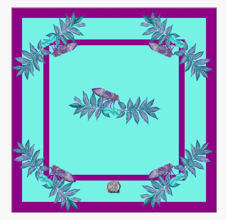 Light Turquoise squares stacked on magenta squares with magenta and blue cicadas on pecan leaves with pecan buds on a scarf design by Alexandra90210
