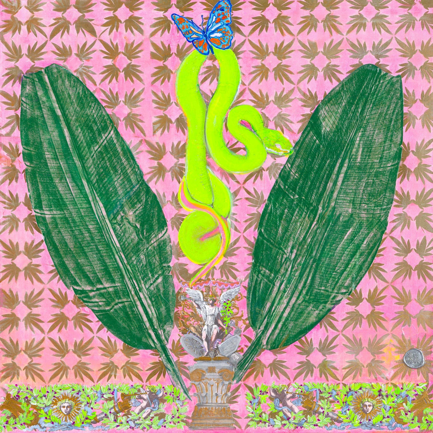 Green banana leaves and a bright green asp with a blue butterfly and neoclassical ornament including the archangel Gabriel, columns, and Palladian ornament.