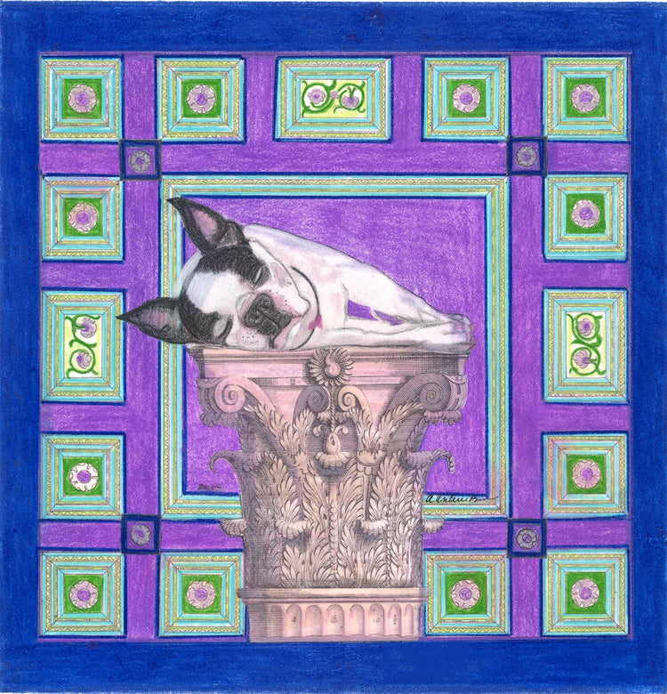 Art by Alexandra90210 piece with blue , green and purple square Palladian design with a Boston Terrier sleeping on a corinthian column