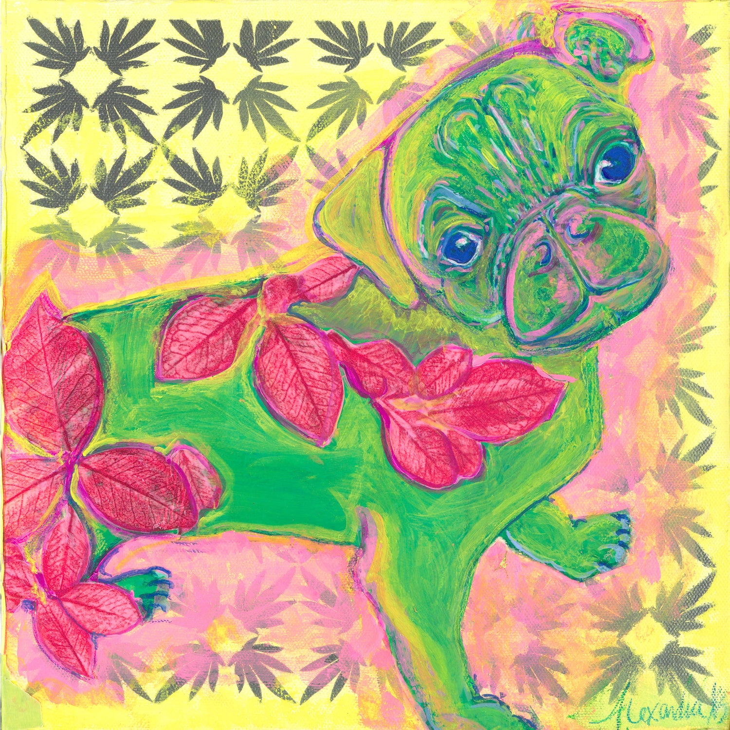 A green pug with blue eyes and bright pink leaf garland around his shoulders and middle over a lemon yellow background with quatrefoil stencil.