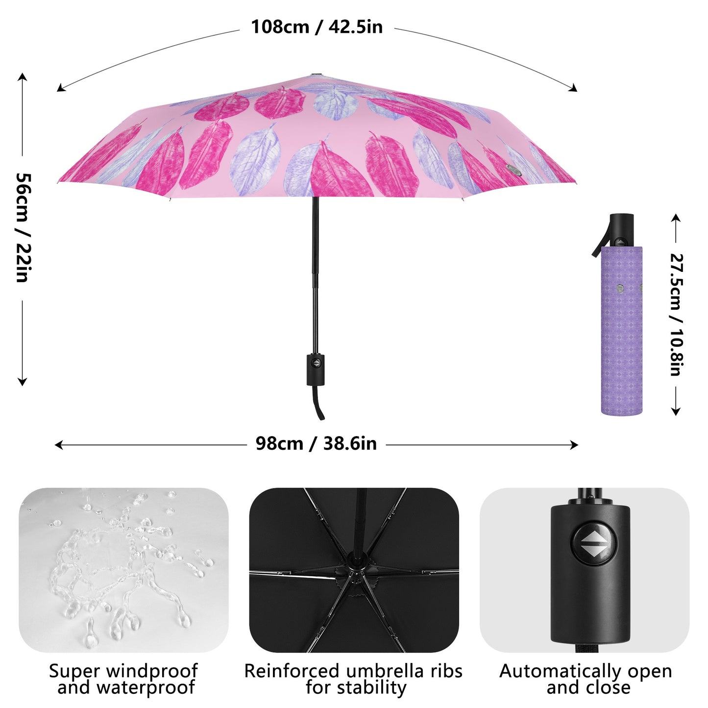 Neo Pink and Light Orchid Magnolia Leaf Design Travel Umbrella