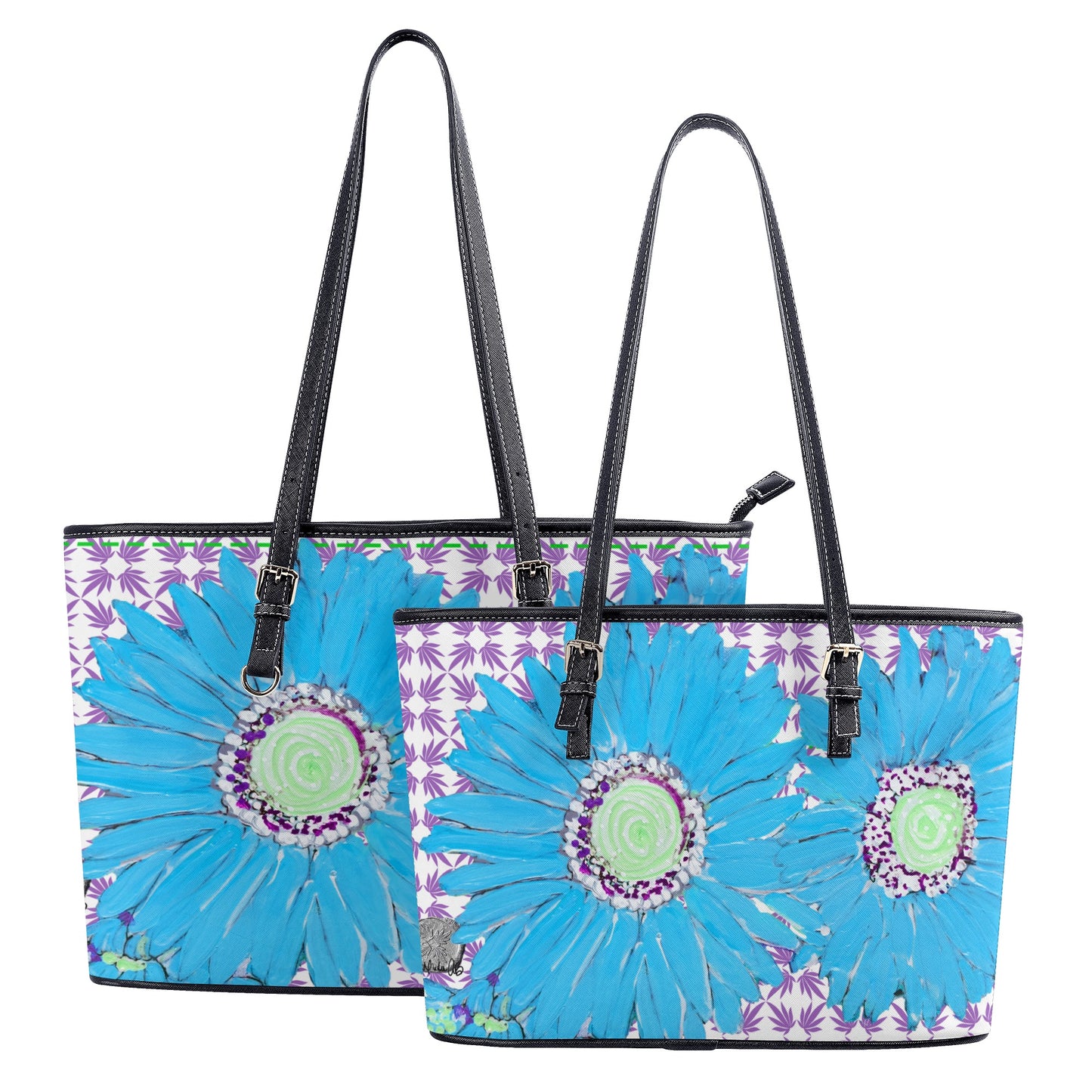 Blue Daisy on Dark Orchid Quatrefoil Vegan Shopper Tote