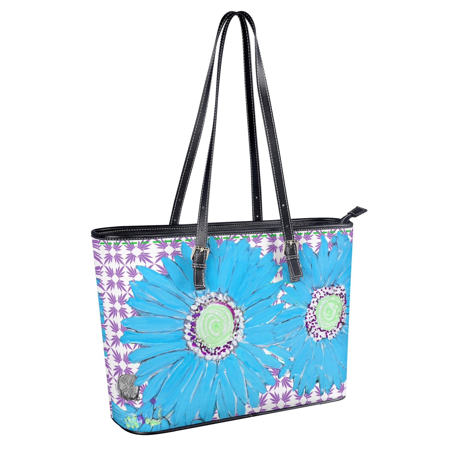Blue Daisy on Dark Orchid Quatrefoil Vegan Shopper Tote
