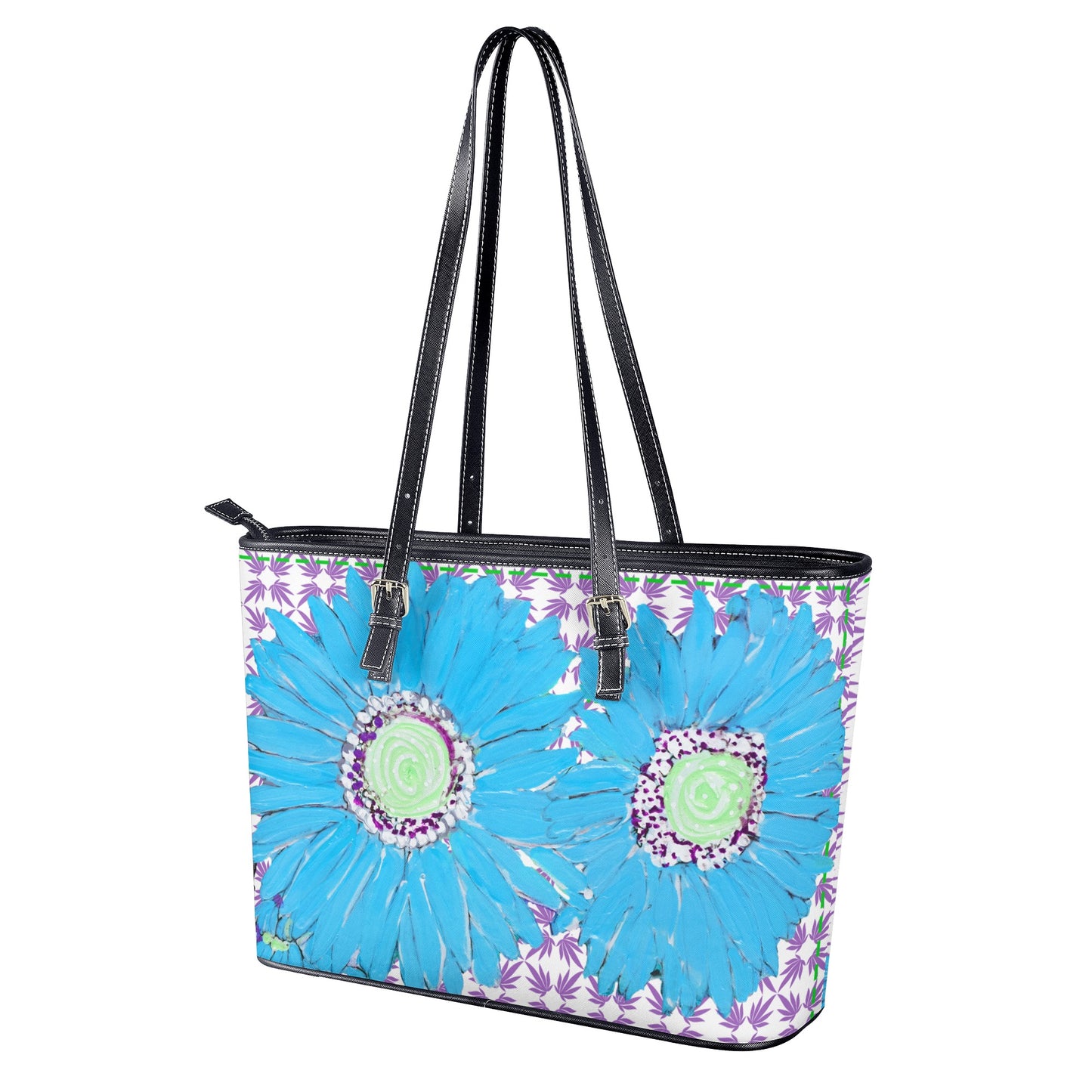 Blue Daisy on Dark Orchid Quatrefoil Vegan Shopper Tote