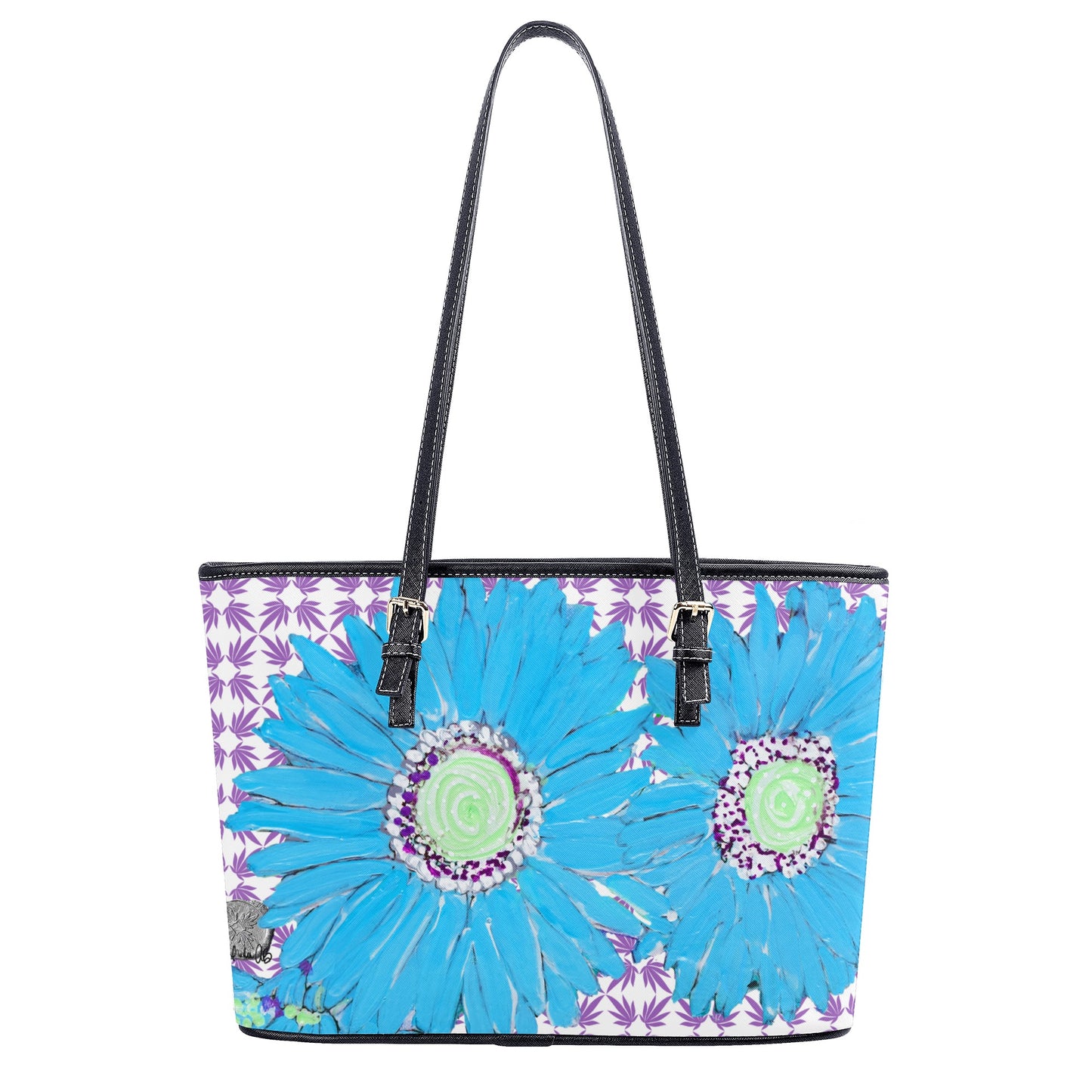 Blue Daisy on Dark Orchid Quatrefoil Vegan Shopper Tote