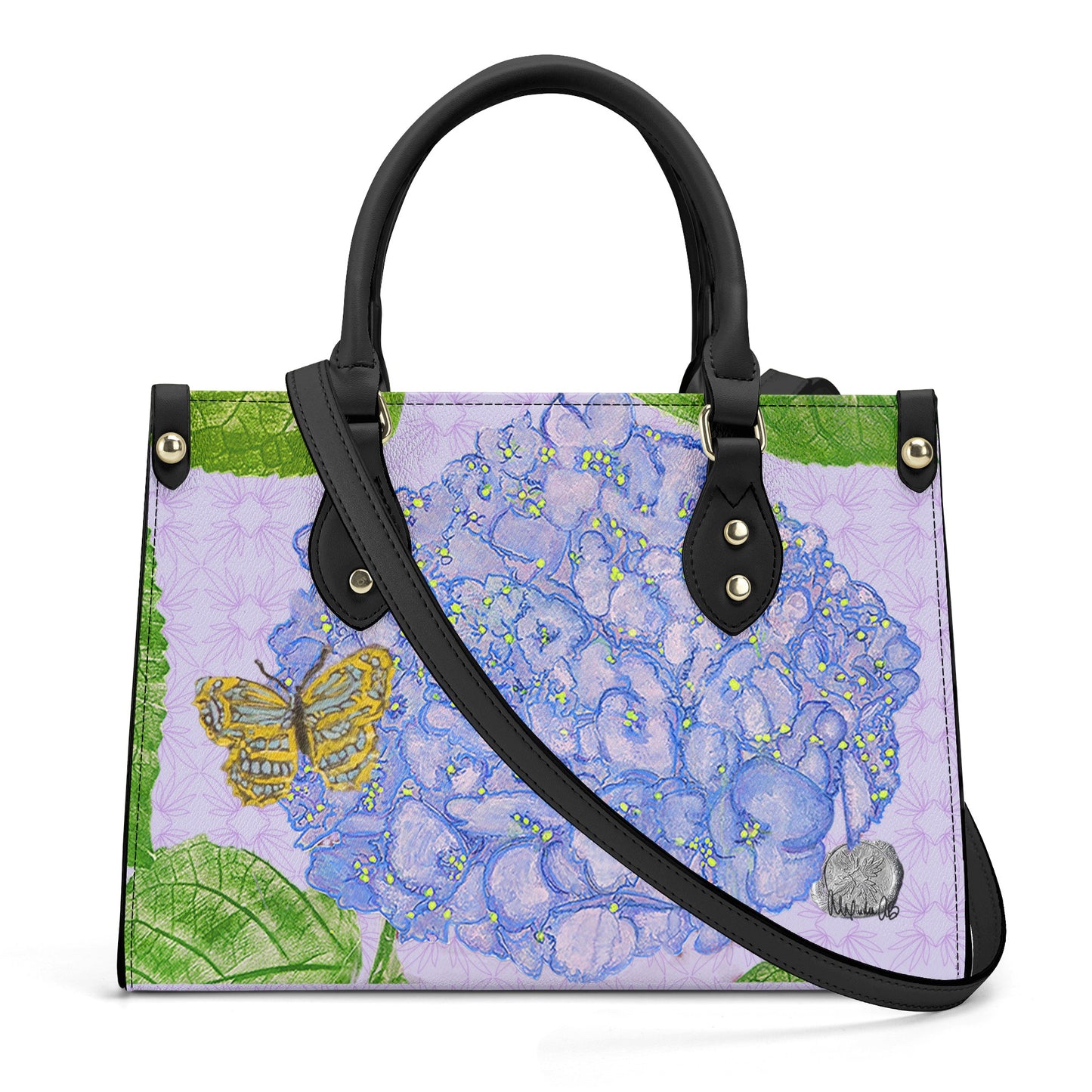 Blue Hydrangea on Light Orchid Quatrefoil Handbag