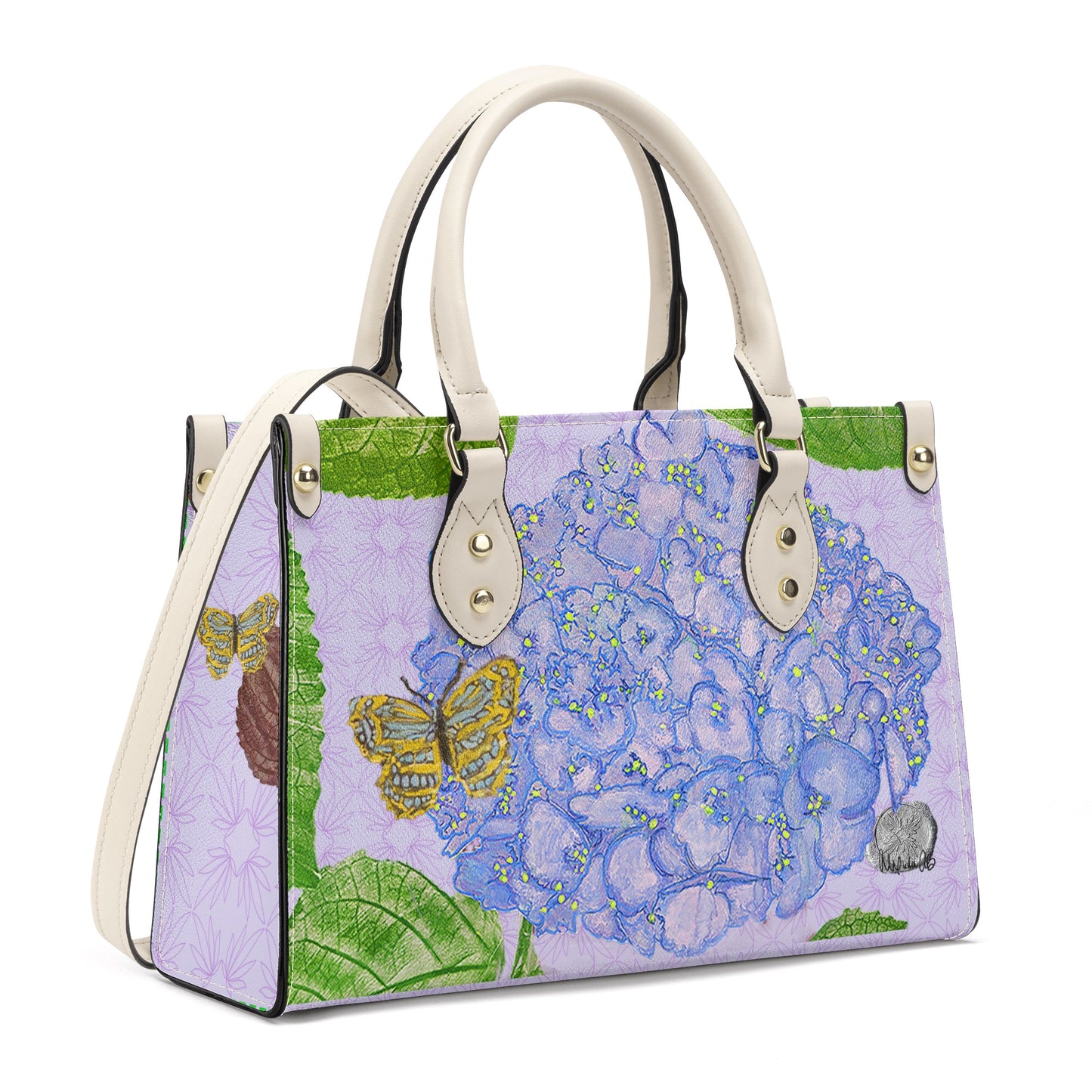Blue Hydrangea on Light Orchid Quatrefoil Handbag