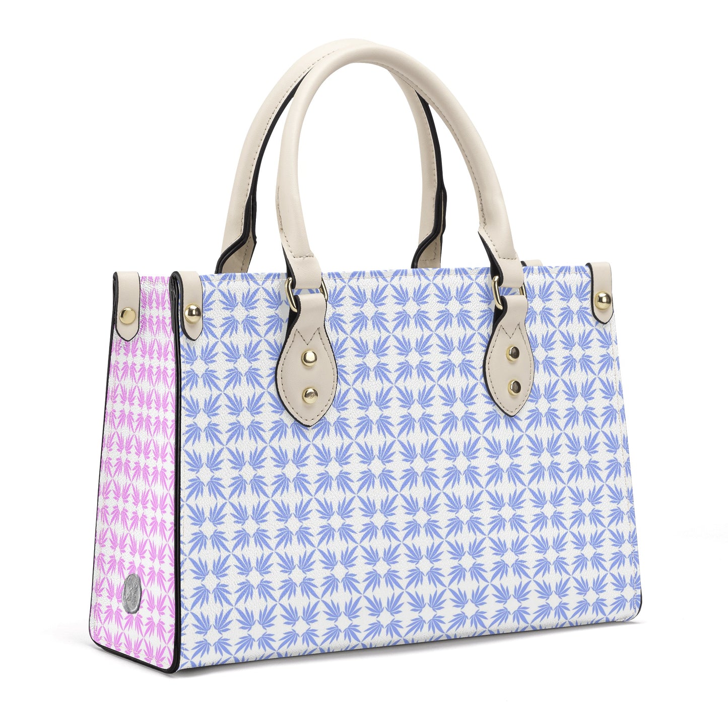 Quatrefoil Print On Vegan Leather Tote in Watteau Blue and Pouf Pink