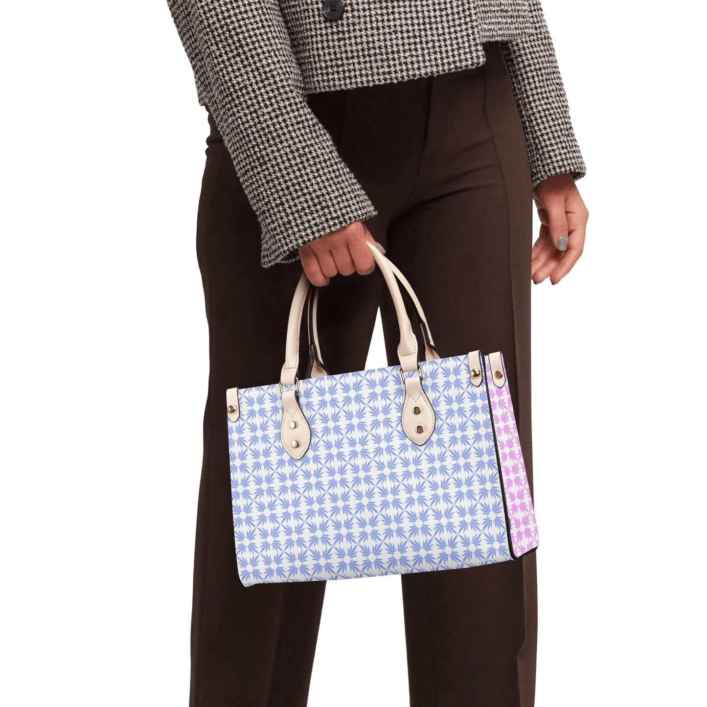 Quatrefoil Print On Vegan Leather Tote in Watteau Blue and Pouf Pink