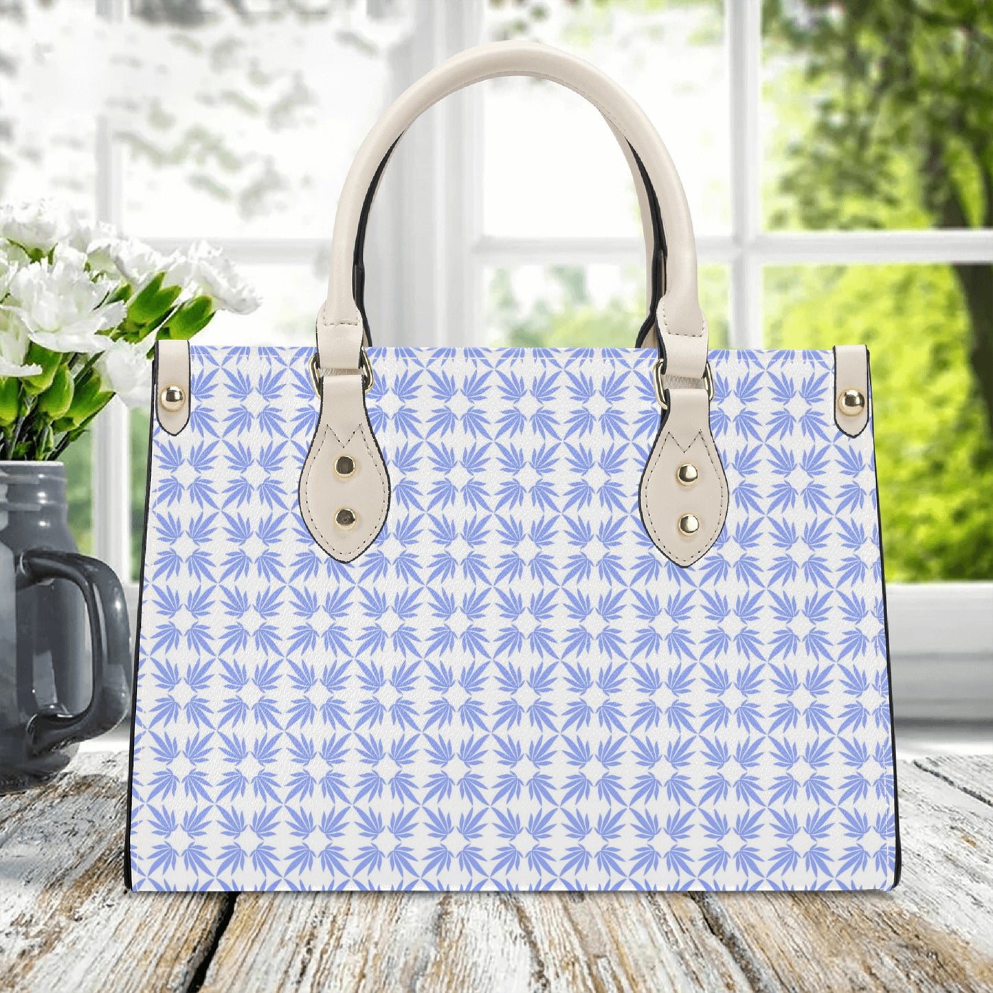 Quatrefoil Print On Vegan Leather Tote in Watteau Blue and Pouf Pink