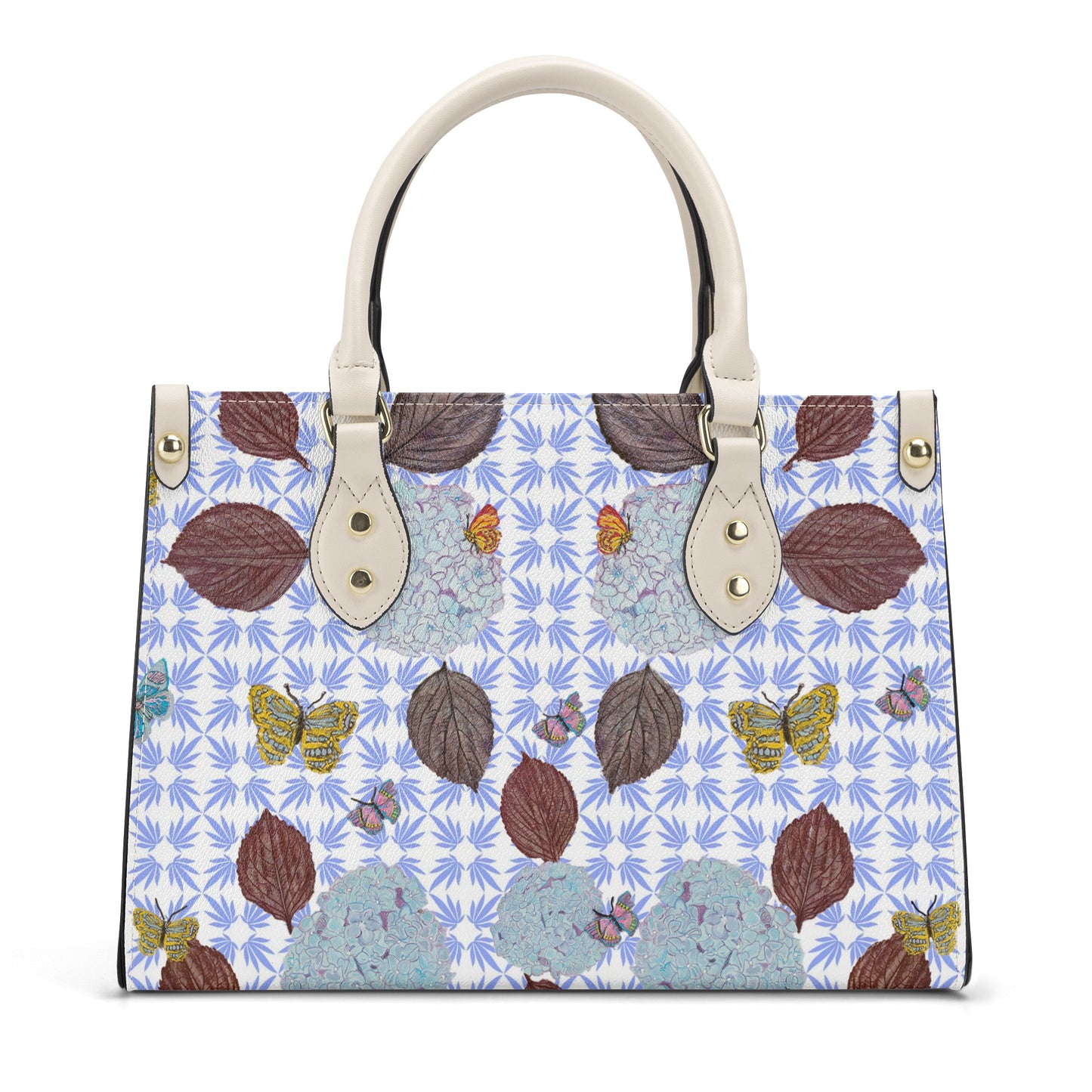 Leather Tote with Aubergine Hydrangea Leaves, Flora and Fauna