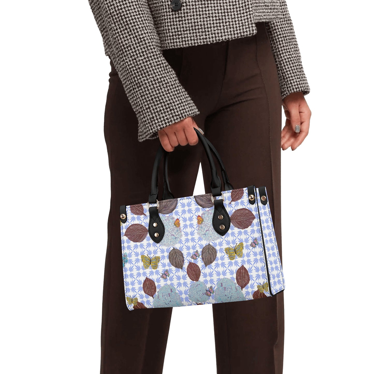 Leather Tote with Aubergine Hydrangea Leaves, Flora and Fauna