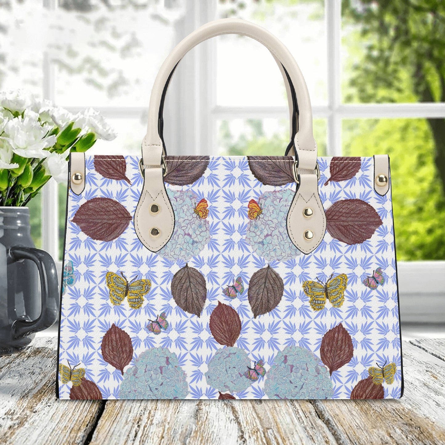 Leather Tote with Aubergine Hydrangea Leaves, Flora and Fauna