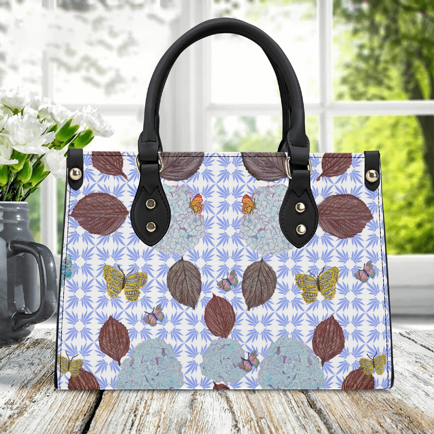 Leather Tote with Aubergine Hydrangea Leaves, Flora and Fauna