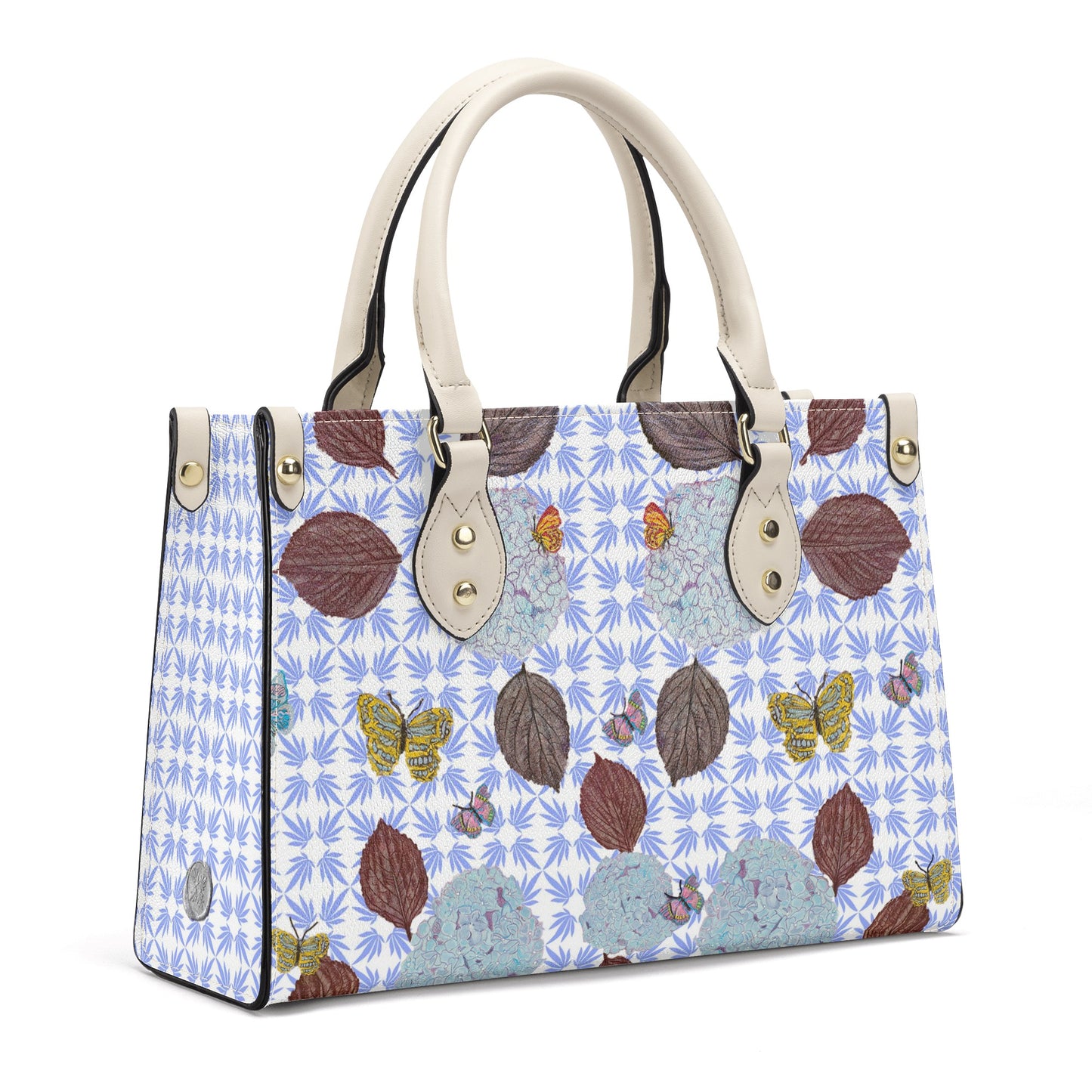 Leather Tote with Aubergine Hydrangea Leaves, Flora and Fauna