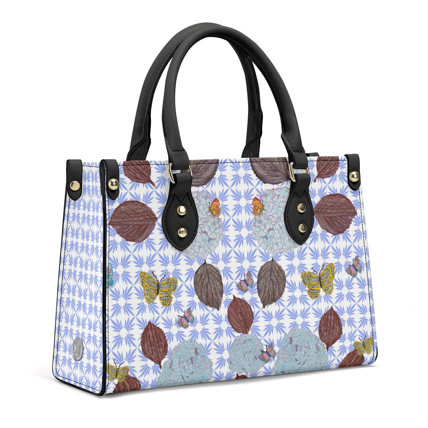 Leather Tote with Aubergine Hydrangea Leaves, Flora and Fauna