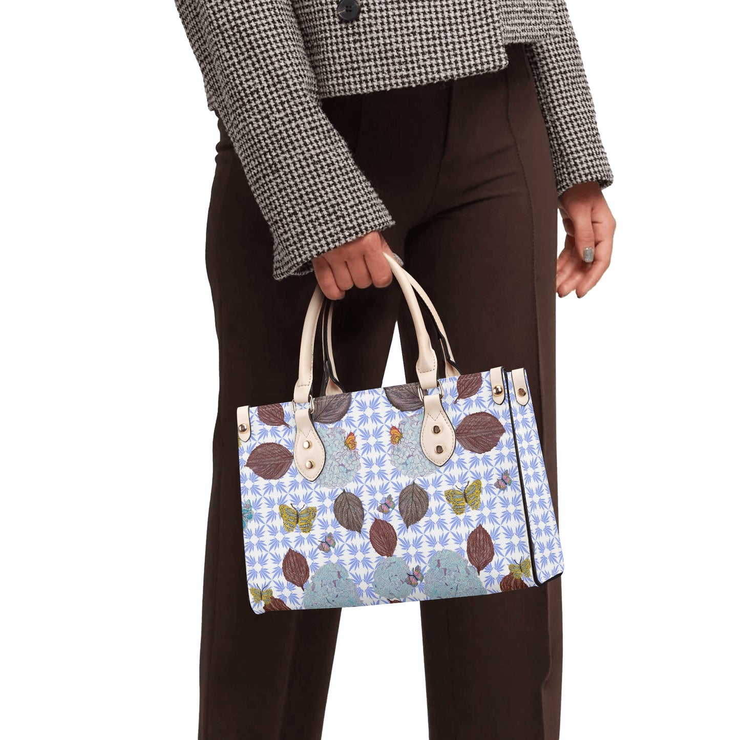 Leather Tote with Aubergine Hydrangea Leaves, Flora and Fauna