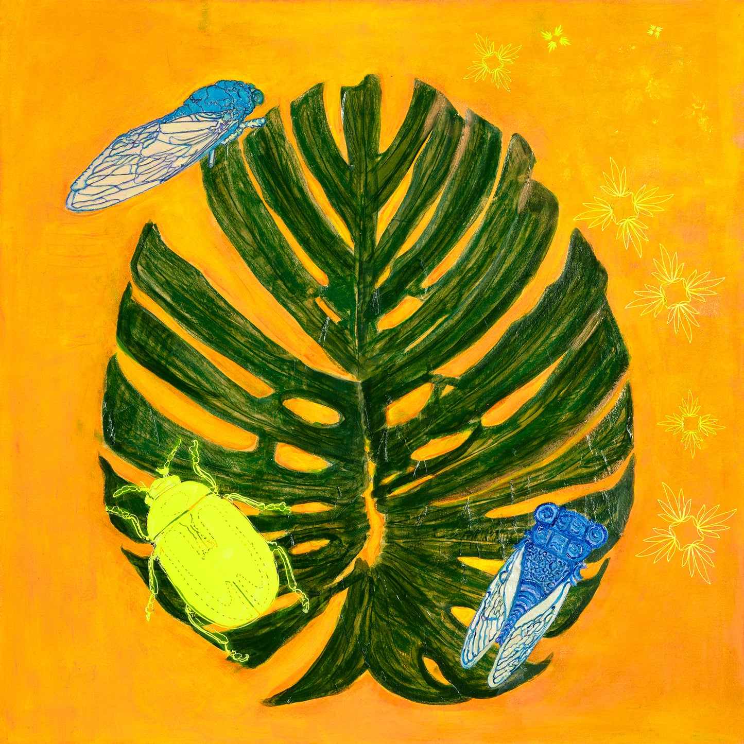Cicadas and Junebug on Monstera with Status Framed Fine Art Prints