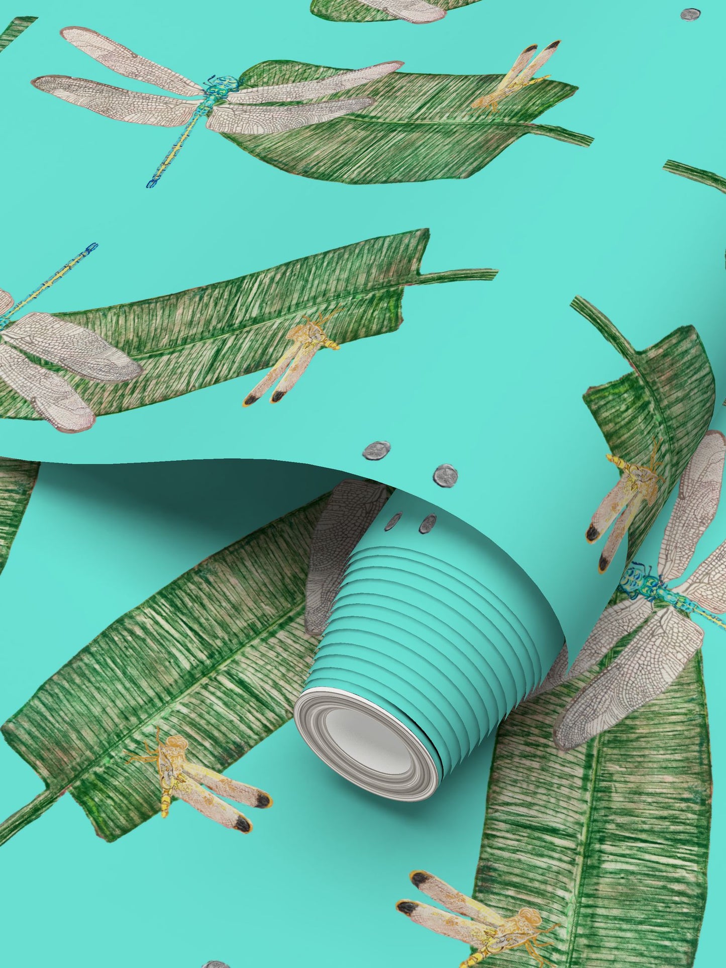 Dragonflies and Banana Leaves on Pool Blue Wallpaper