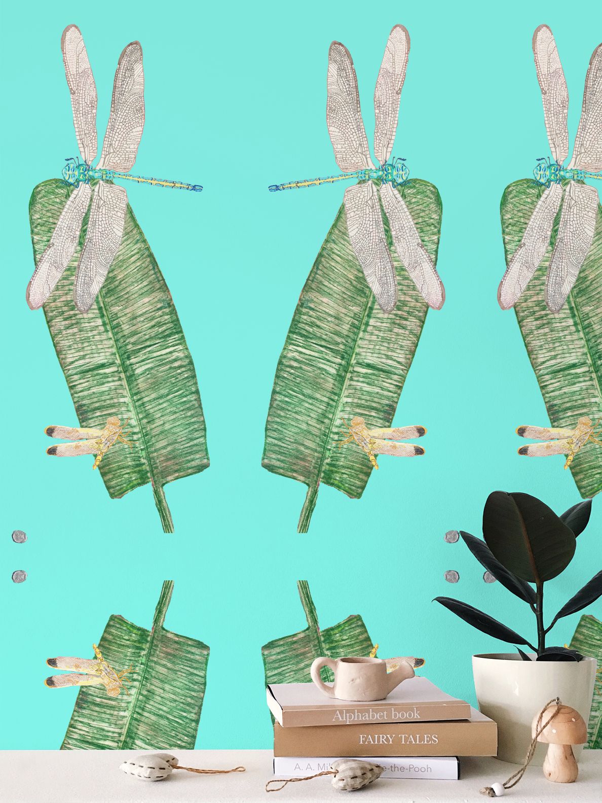 Dragonflies and Banana Leaves on Pool Blue Wallpaper