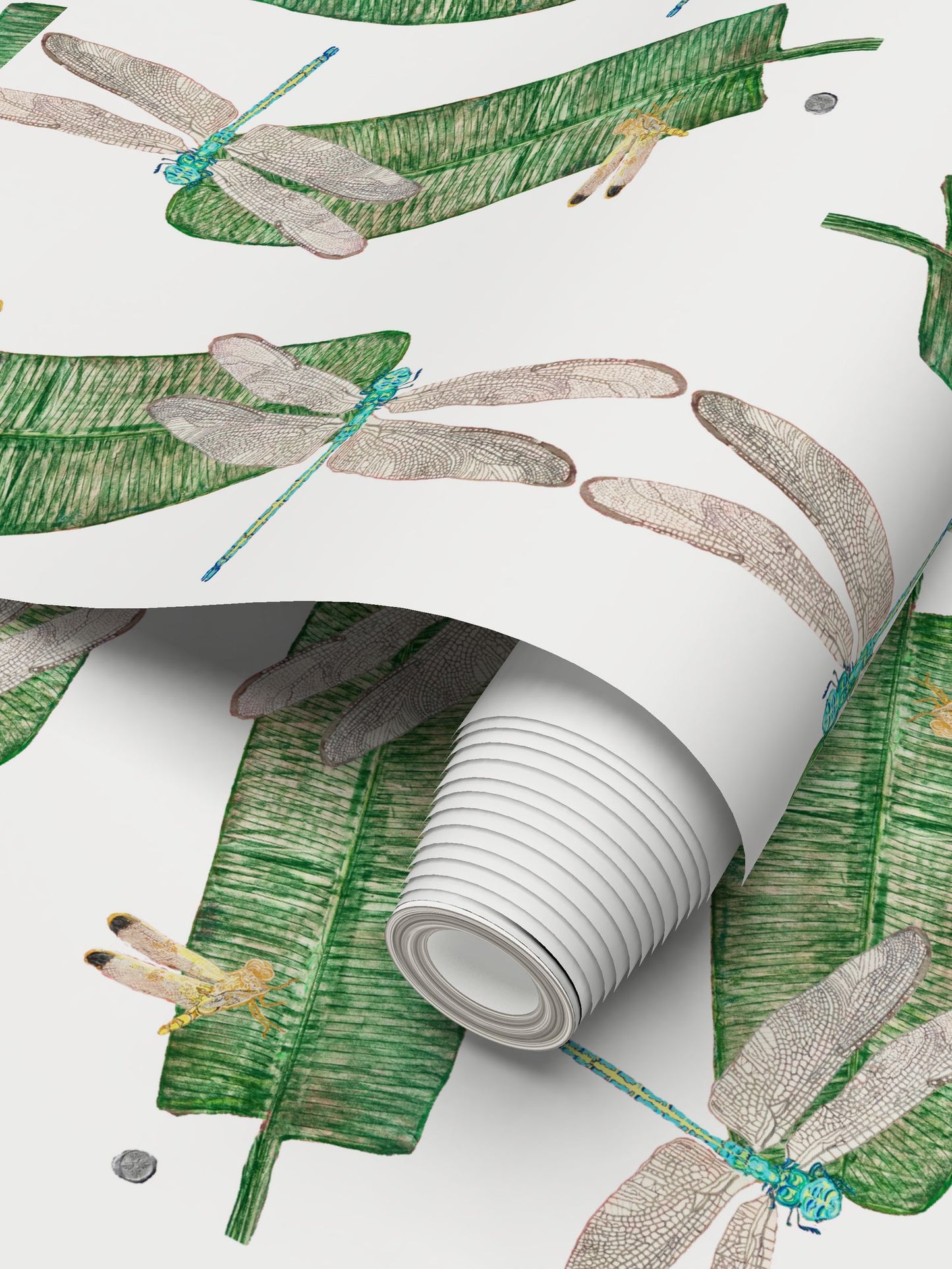 Dragonflies and Banana Leaves on Blanc Wallpaper