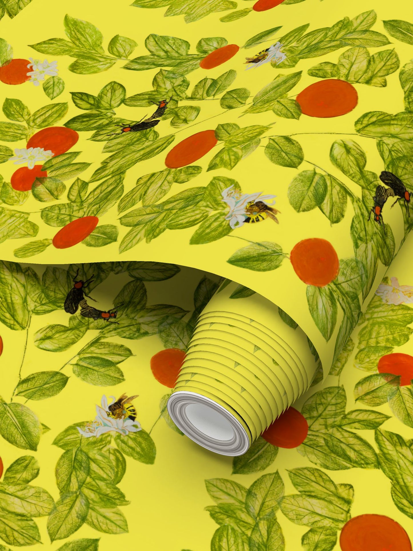 Citrus with Bees and Lovebugs on Lemon Chiffon Wallpaper