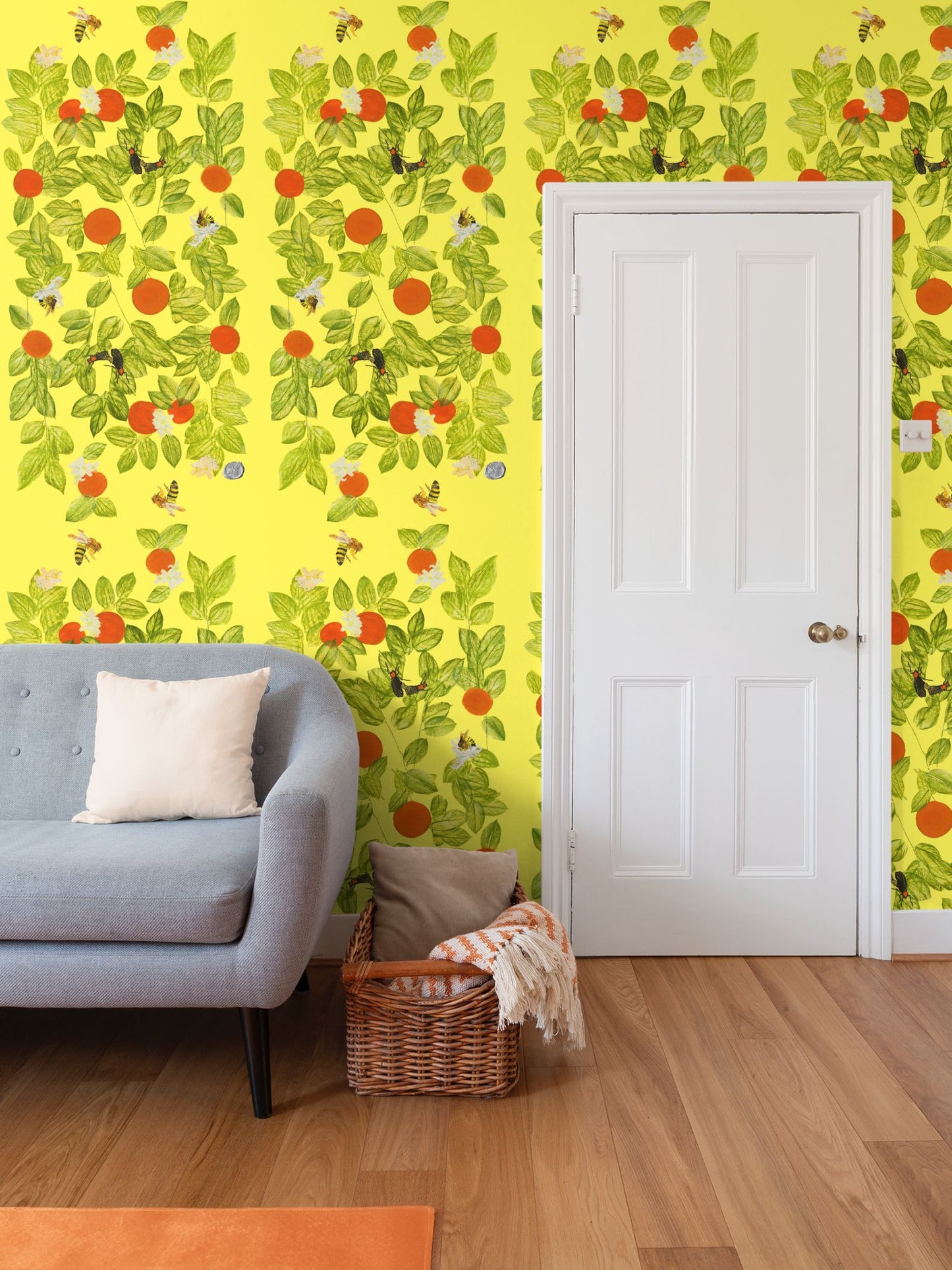 Citrus with Bees and Lovebugs on Lemon Chiffon Wallpaper