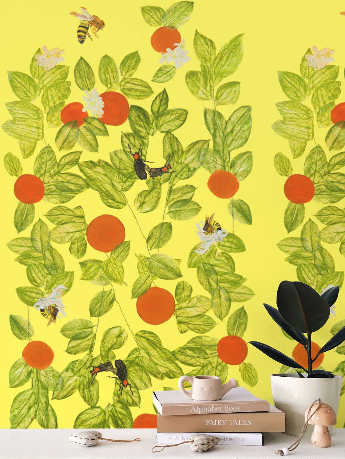 Citrus with Bees and Lovebugs on Lemon Chiffon Wallpaper