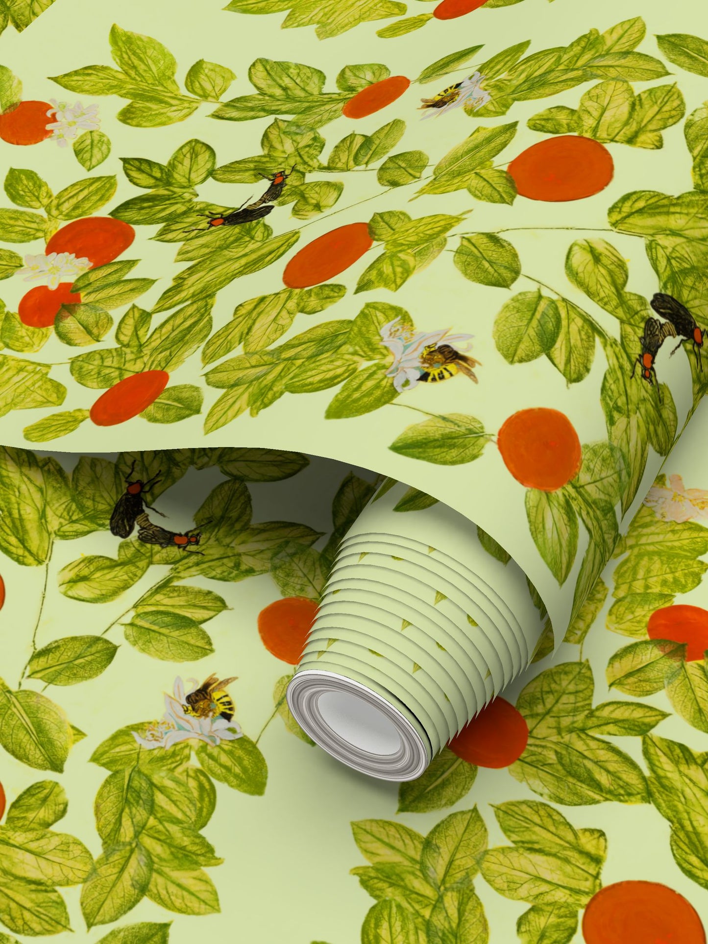 Citrus with Bees and Lovebugs on Green Tea Wallpaper