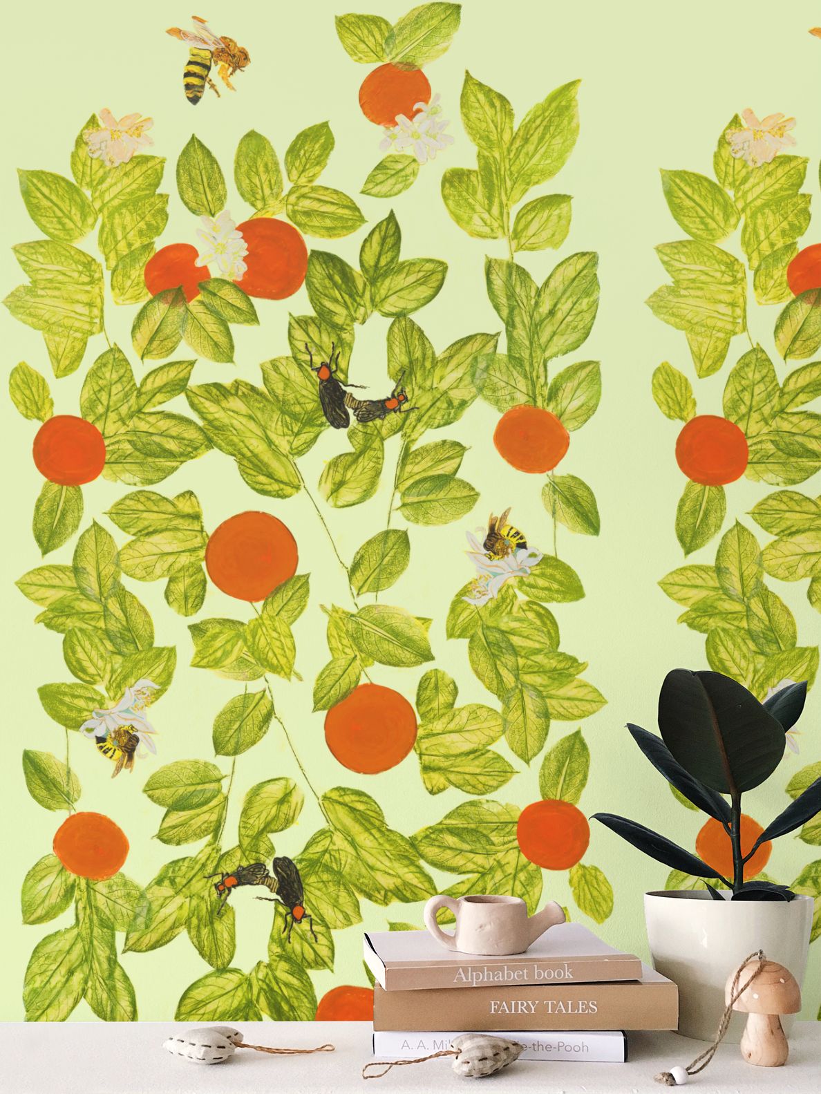 Citrus with Bees and Lovebugs on Green Tea Wallpaper