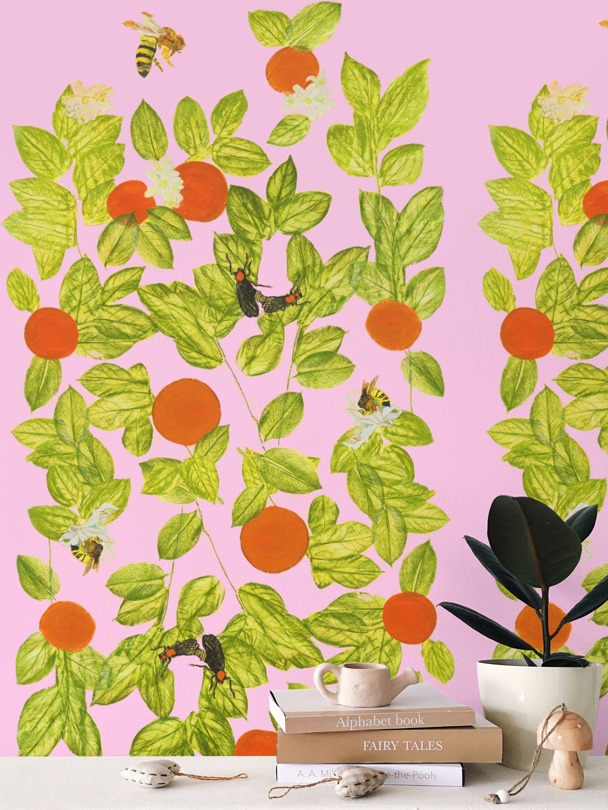 Citrus with Bees and Lovebugs on Pink Polo Wallpaper