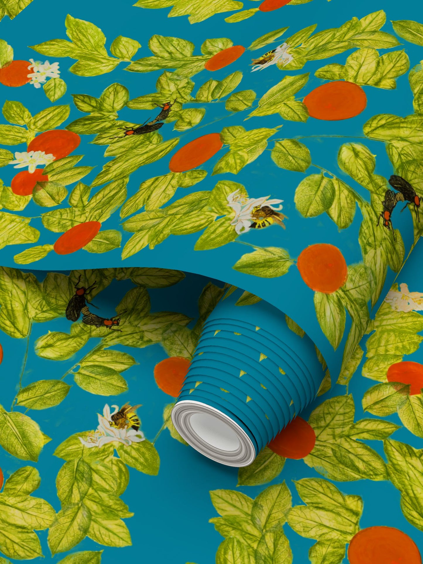 Citrus with Bees and Lovebugs on Dark Turquoise Wallpaper