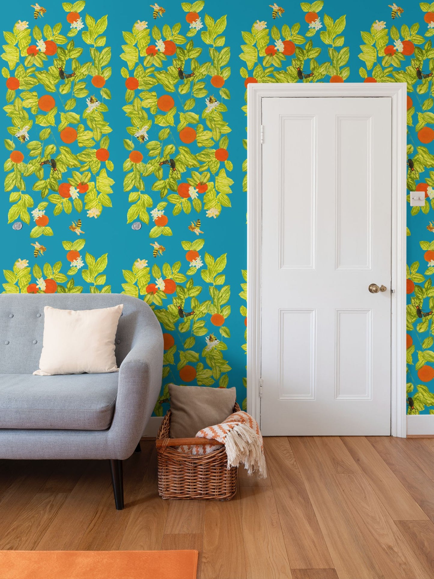Citrus with Bees and Lovebugs on Dark Turquoise Wallpaper