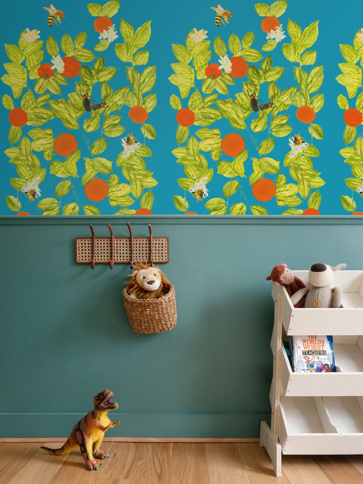 Citrus with Bees and Lovebugs on Dark Turquoise Wallpaper