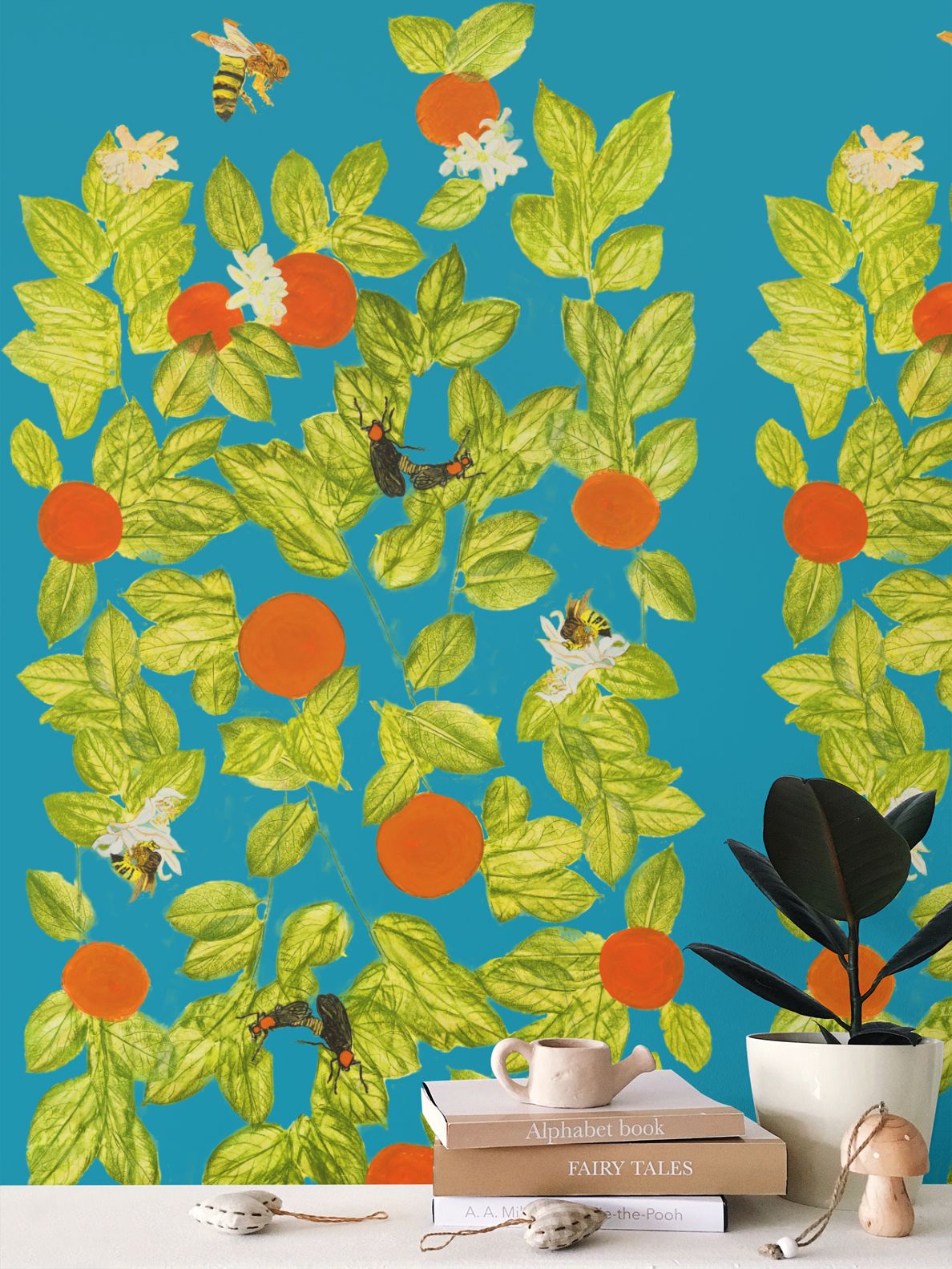 Citrus with Bees and Lovebugs on Dark Turquoise Wallpaper