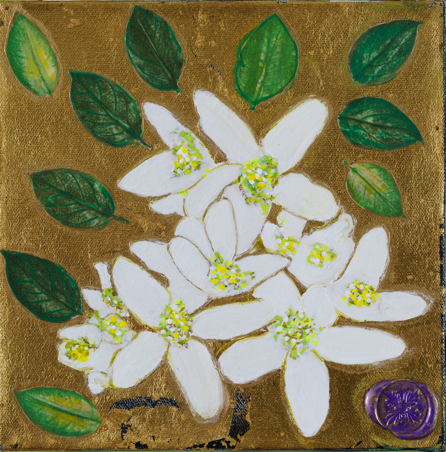 Gold Leaf with White Citrus Blossoms II