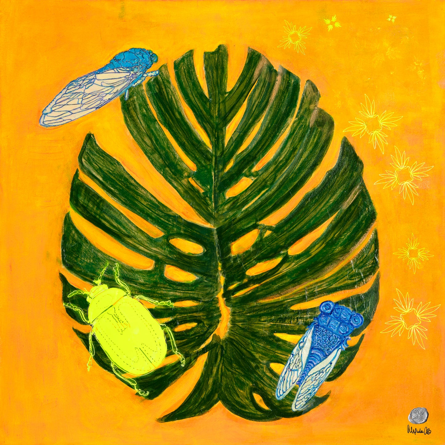 Cicadas and Junebugs on Monstera with Status Fine Art Print on Archival Paper