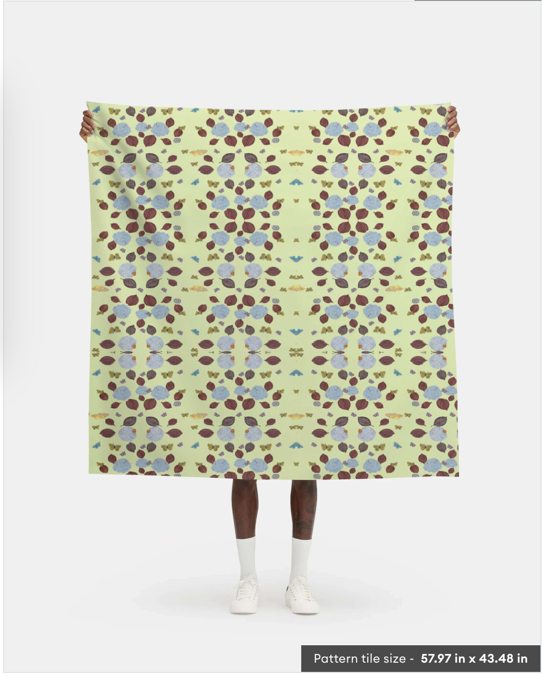 Hydrangea and Butterflies on Green Tea Fabric