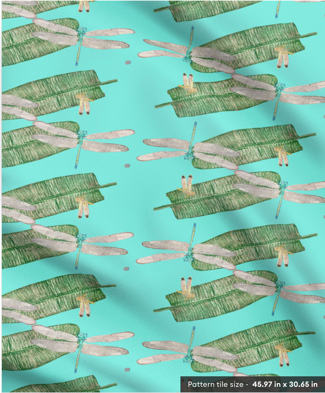 Dragonflies on Banana Leaf on Pool Blue Fabric by the Yard