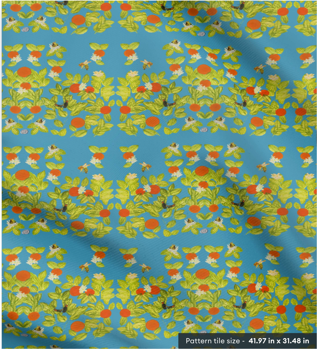 Citrus with Bees and Lovebugs on Turquoise Fabric by the Yard