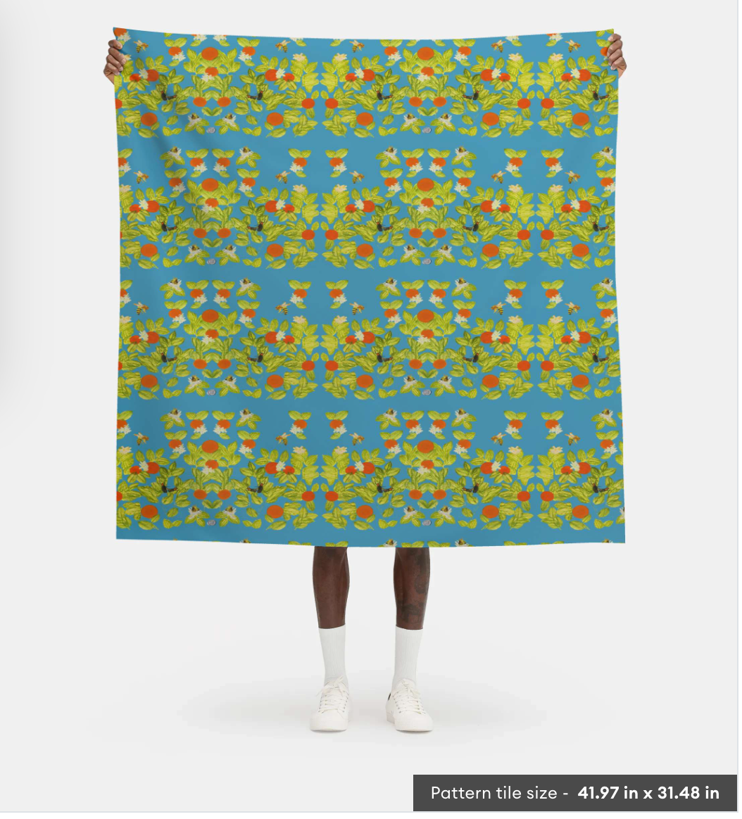 Citrus with Bees and Lovebugs on Turquoise Fabric by the Yard
