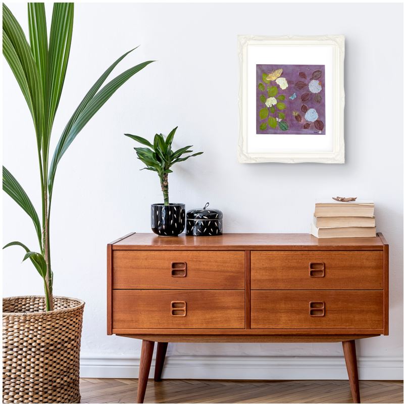 Hydrangeas on Orchid with Butterflies Framed Fine Art Print