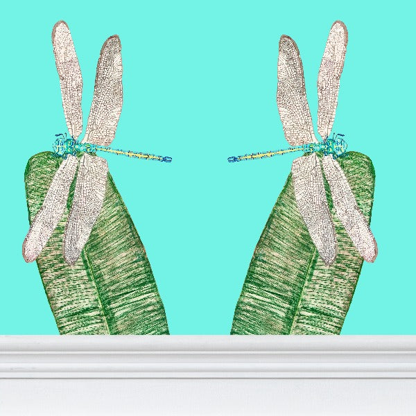 Dragonflies and Banana Leaves on Pool Blue Wallpaper
