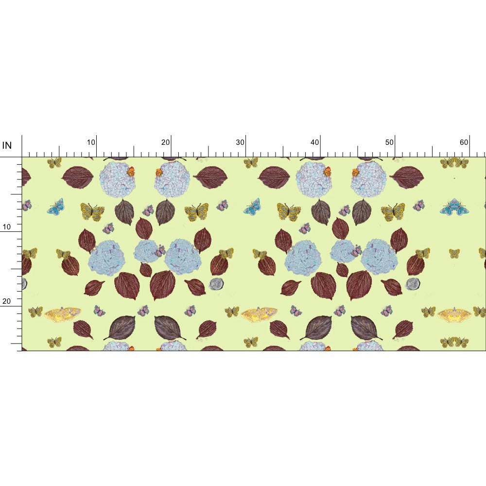 Hydrangea and Butterflies on Green Tea Fabric