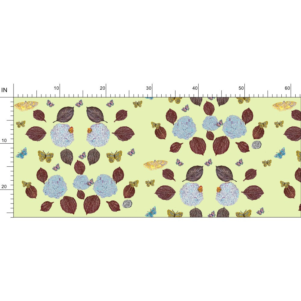 Hydrangea and Butterflies on Green Tea Fabric
