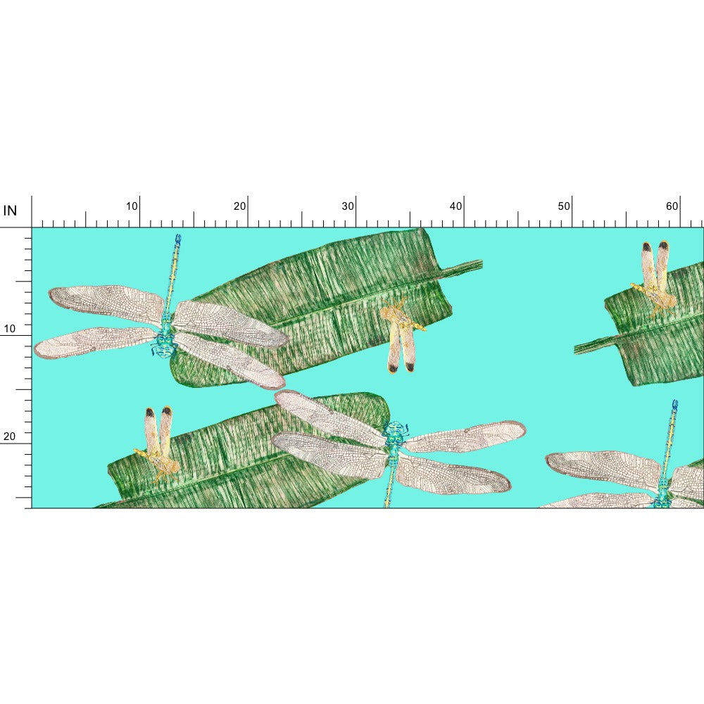 Dragonflies on Banana Leaf on Pool Blue Fabric by the Yard
