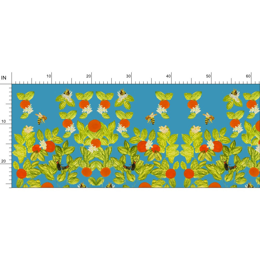 Citrus with Bees and Lovebugs on Turquoise Fabric by the Yard