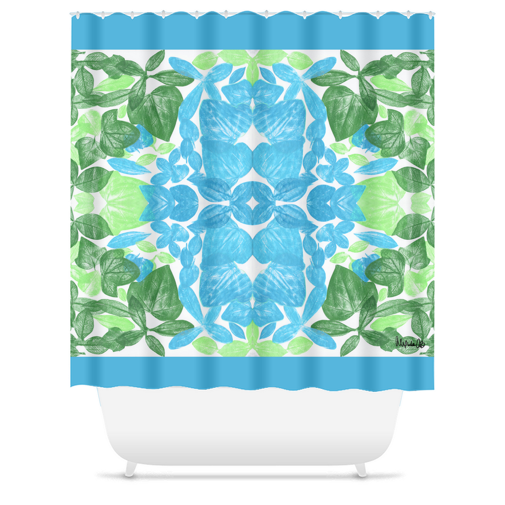 a claw foot bathtub with a shower curtain that has a blue and green leaf design by Alexandra90210