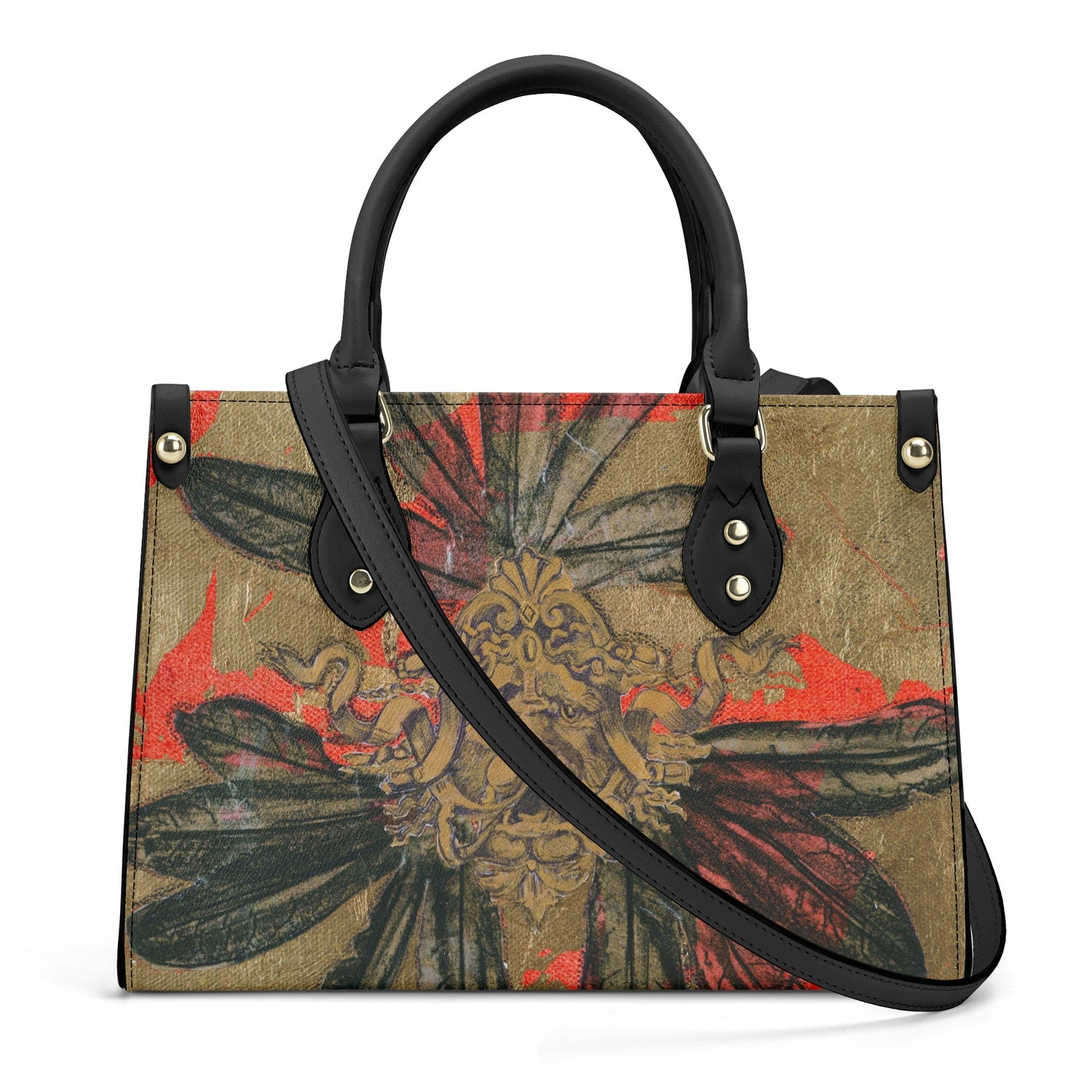 Ladies handbag with lion and leaves printed on the vegan leather